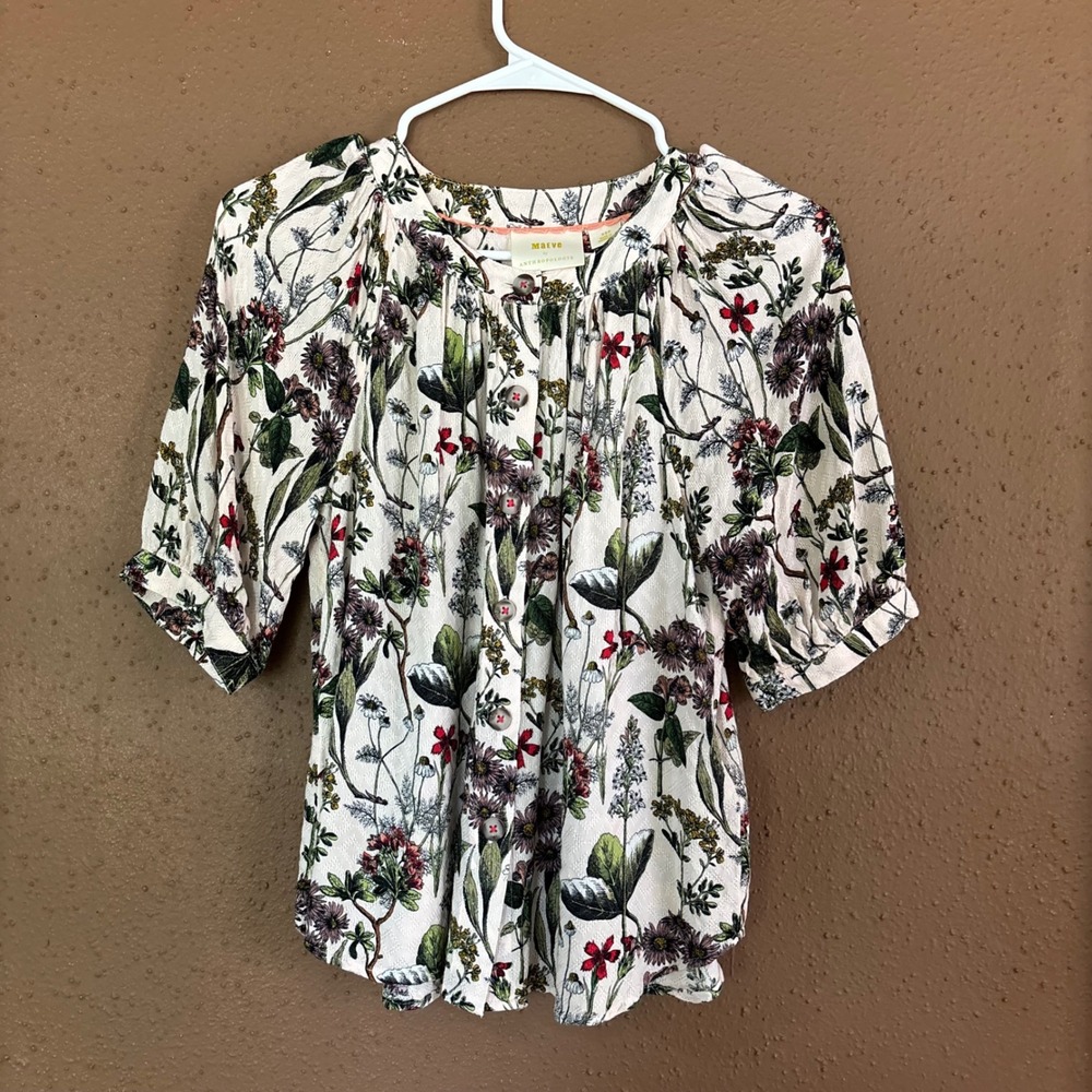 Maeve Anthropologie Floral Button Down Blouse Pink Textured Puff Sleeve XSP